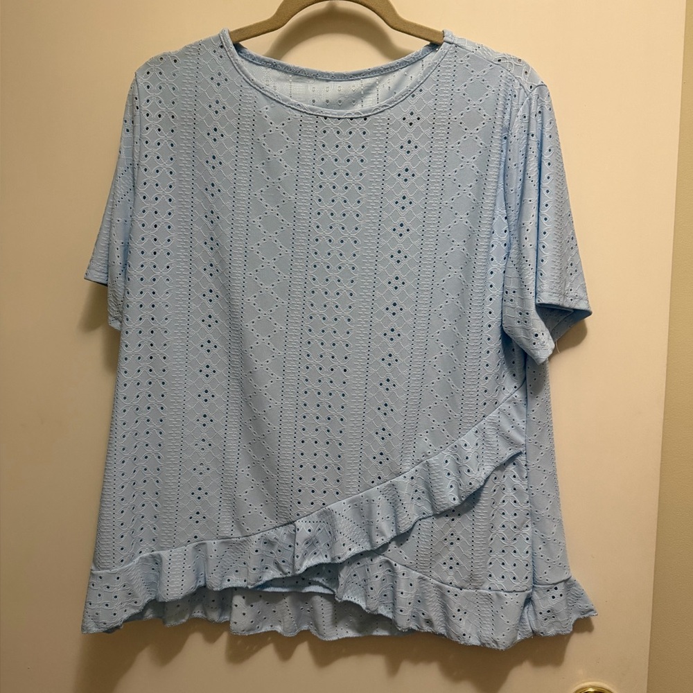 Women's Light Blue Eyelet Ruffle Short Sleeve Top